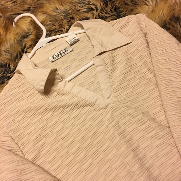 Selene Sport tan textured fabric collared top M - Picture 6 of 9